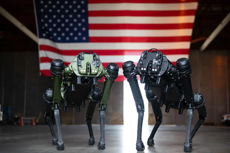 Two dog-like robots standing in front of the US flag