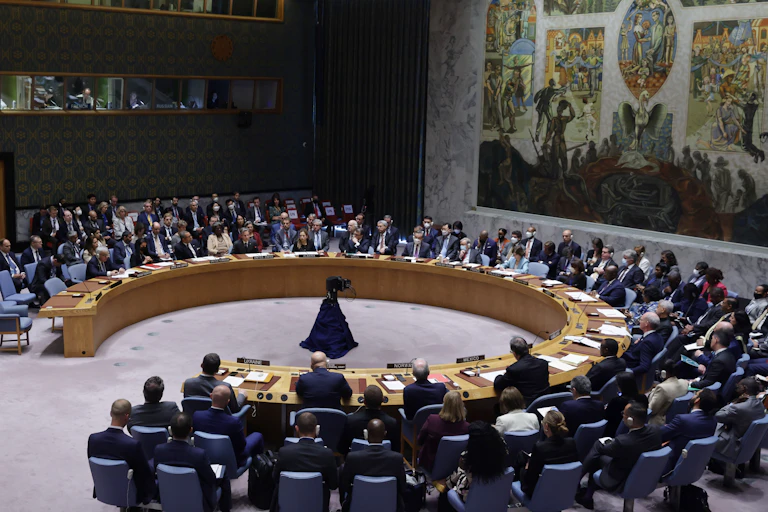 US Secretary of State Antony Blinken speaks during a high-level United Nations Security Council meeting about the ongoing conflict in Ukraine on the sidelines of the General Debate of the UN General Assembly