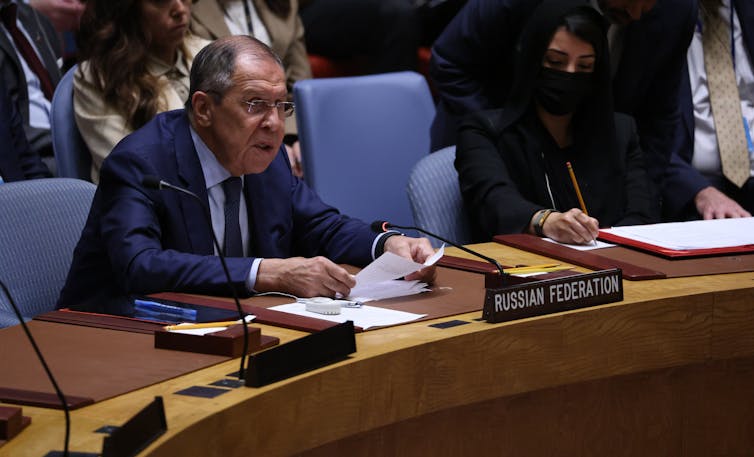 Russian Foreign Minister Sergey Lavrov speaks during a high-level United Nations Security Council meeting about the ongoing conflict in Ukraine on the sidelines of the General Debate of the UN General Assembly