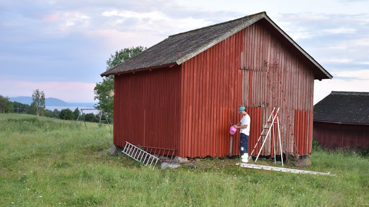 Young man painting a shed