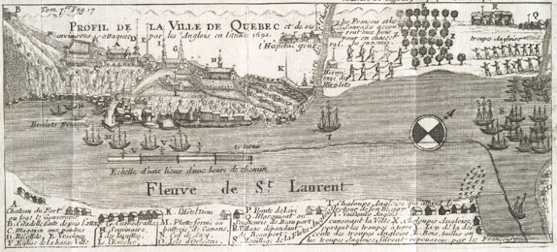 17th century map of Quebec showing large ships on the water and a compass.