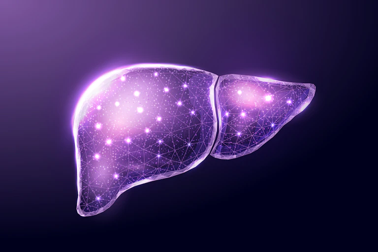 Illustration of human liver with small network of glowing white circles etched across it against a purple background