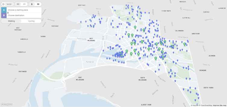 Screenshot of map of Melbourne from the Cool Routes website