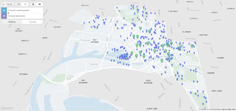 Screenshot of map of Melbourne from the Cool Routes website