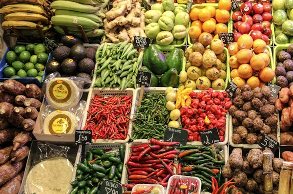 A colourful display of fruits and vegetables.