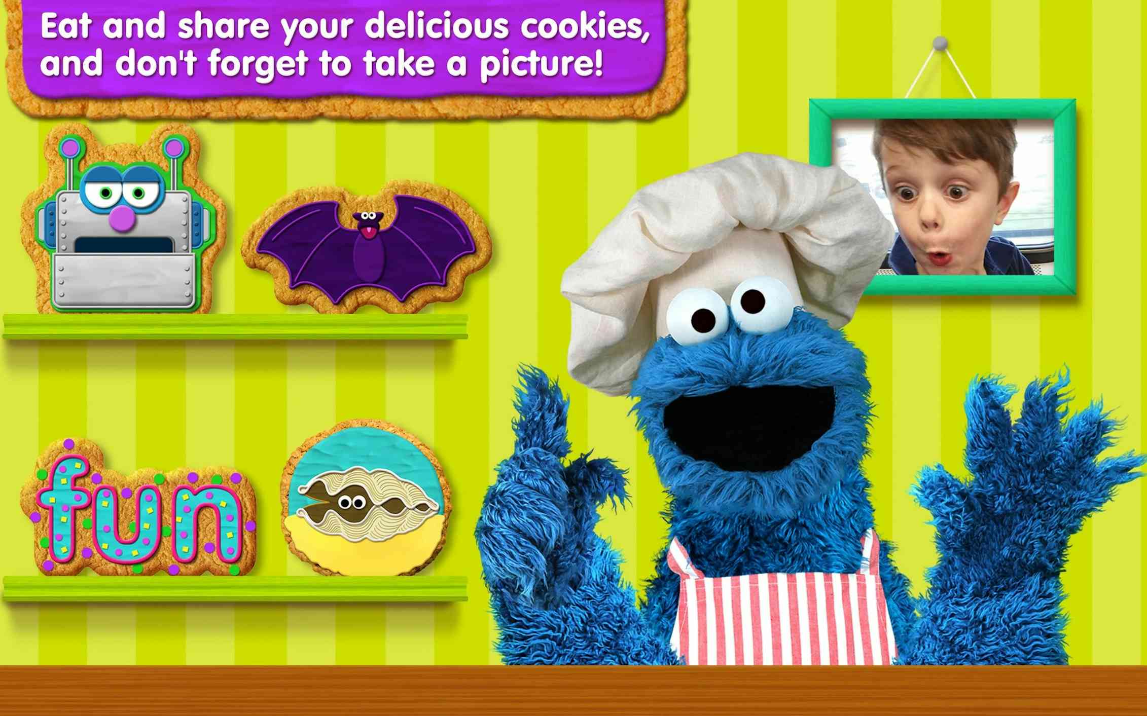 Sesame Street's Cookie Monster holds up 7 fingers, next to some cookies and a surprised child in the background.