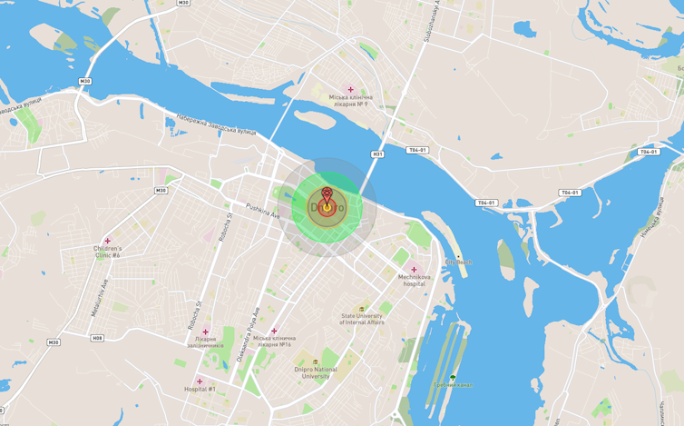 Colored concentric circles starting from the center of the Ukrainian city of Dnipro