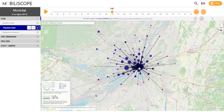 Capture d’écran de la carte des principaux lieux de résidence des personnes présentes à 14h dans le centre-ville de Montréal