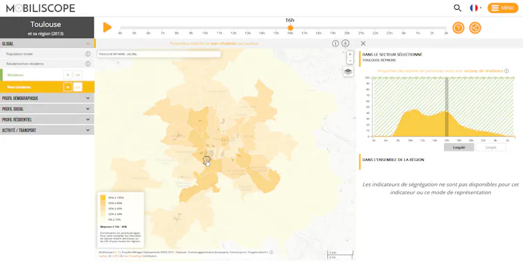 Capture d’écran du Mobiliscope permettant d’observer la composition sociale et démographique de la population présente au fil des heures dans le quartier de La Reynerie à Toulouse