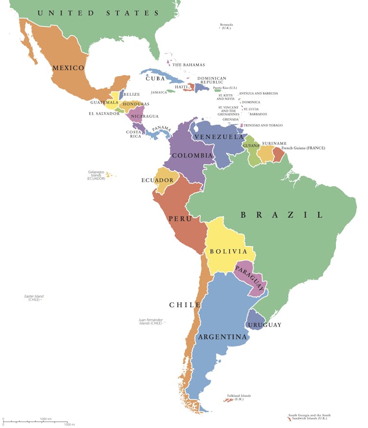 A coloured map of Latin America.