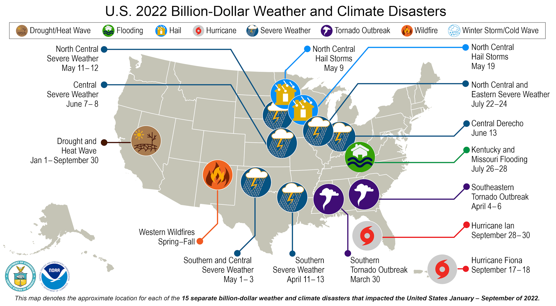 Map showing locations of droughts, heat waves, hail storms and other billion-dollar weather and climate disasters.