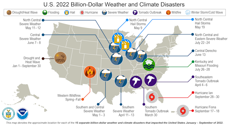 Map showing locations of droughts, heat waves, hail storms and other billion-dollar weather and climate disasters.