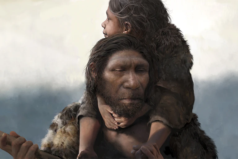 Artwork of an ancient looking hominin with a child on his shoulders