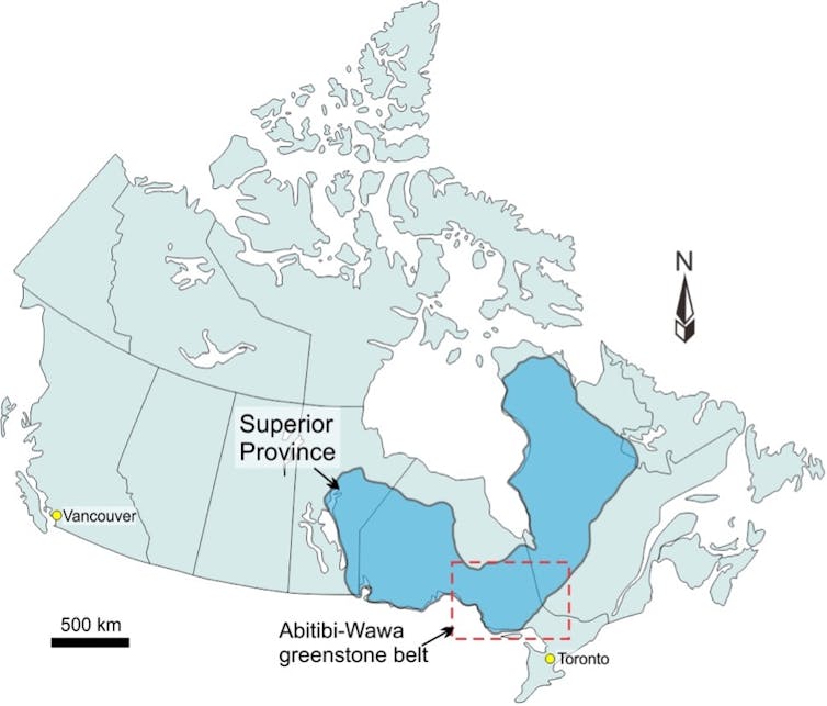 Karte von Kanada mit der Lage der Superior Province im Osten des Landes.