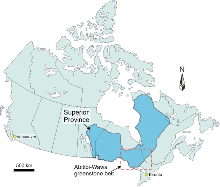Map of Canada showing the location of the Superior Province in the east of the country.