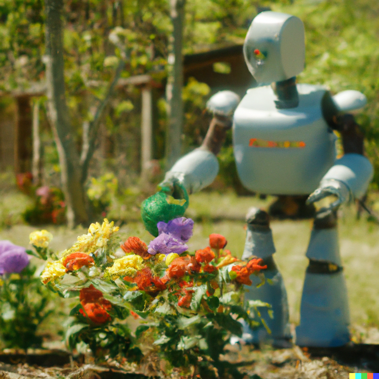 A photo-style illustration of a robot tending some flowers in a garden.