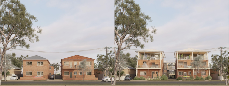 Street view of two 1960s apartment buildings before and after refurbishment