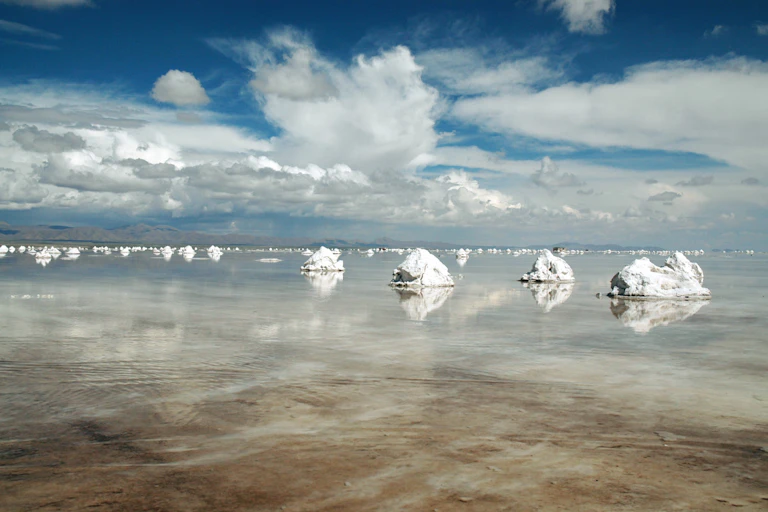 Los montones de sal se reflejan en el agua.