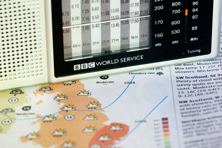 A vintage radio sits on a weather map.