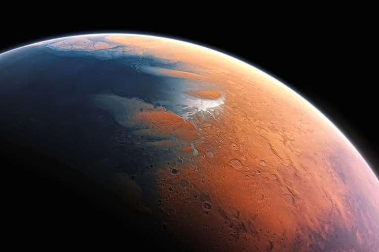 Vue d'artiste de ce à quoi aurait ressemblé Mars il y a un milliard d'années.