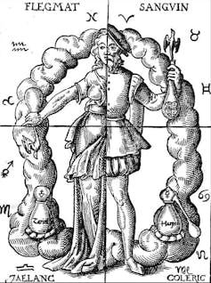 Le dessin montre les quatre humeurs : flegmatique, sanguin, etc.