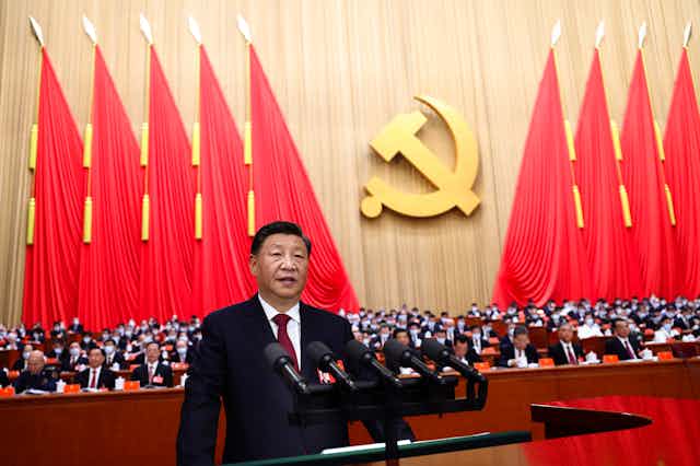 China's president Xi Jinping delivering a speech at the 20th National Congress of the Chinese Communist Party