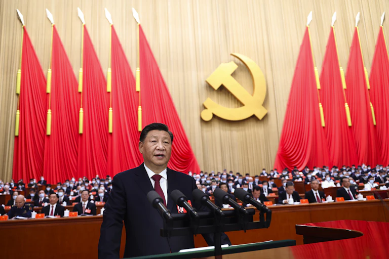 China's president Xi Jinping delivering a speech at the 20th National Congress of the Chinese Communist Party