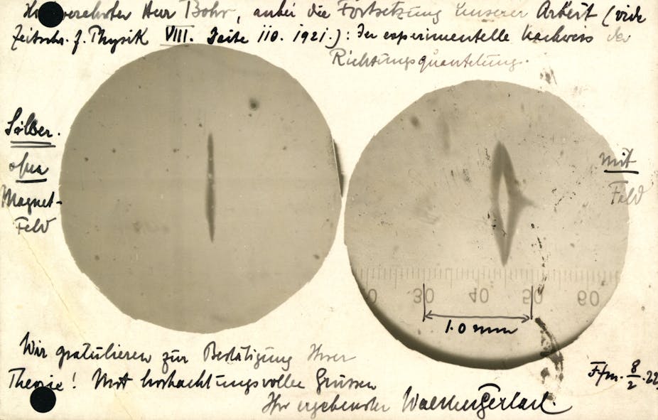 Une carte postale de 1922, de Walther Gerlach à Niels Bohr, avec des résultats expérimentaux