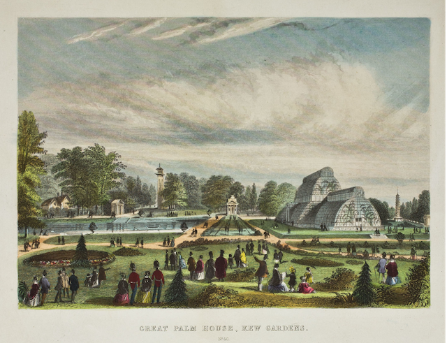 old engraving of large greenhouse in sculpted gardens