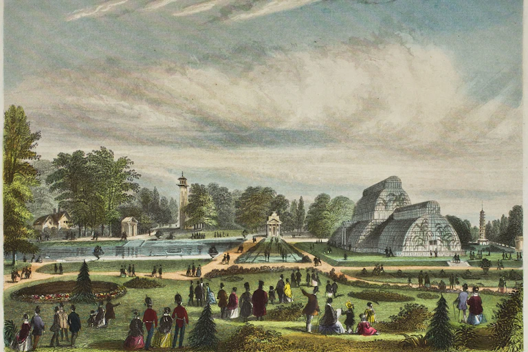 old engraving of large greenhouse in sculpted gardens