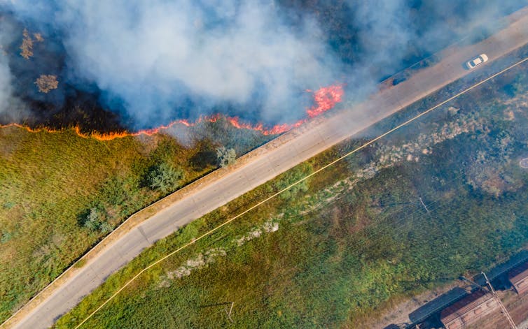 overhead shot of a fire's progress through a forest toward a highway