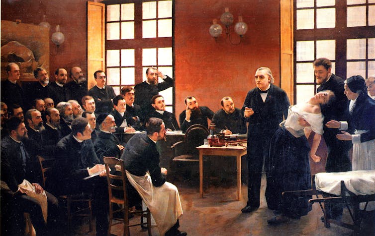 Leçon clinique de Jean-Martin Charcot à la Pitié-Salpêtrière, qui tient une jeune femme sous hypnose