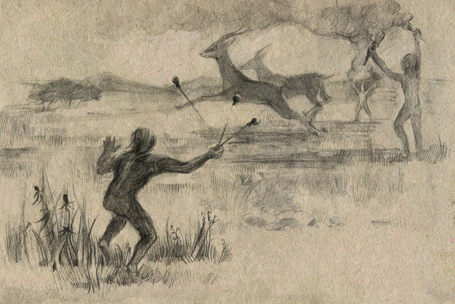 Représentation d'une scène de chasse à la Préhistoire.