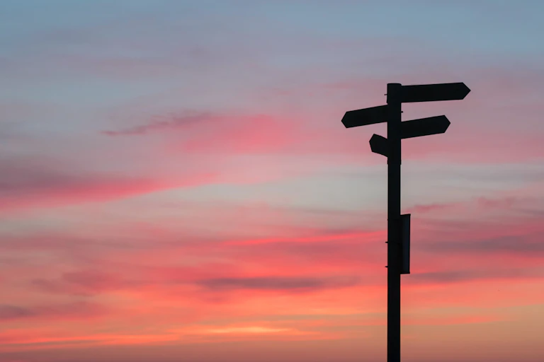 A road sign post is seen against a pink sky.
