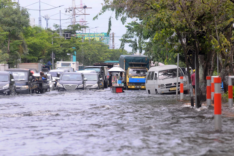 Calle con coches inundada.