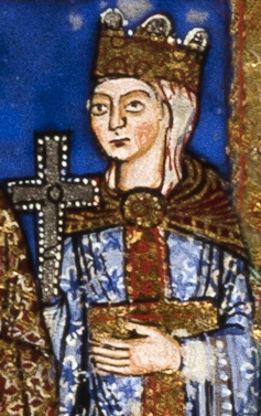 Old painting of woman holding cross.