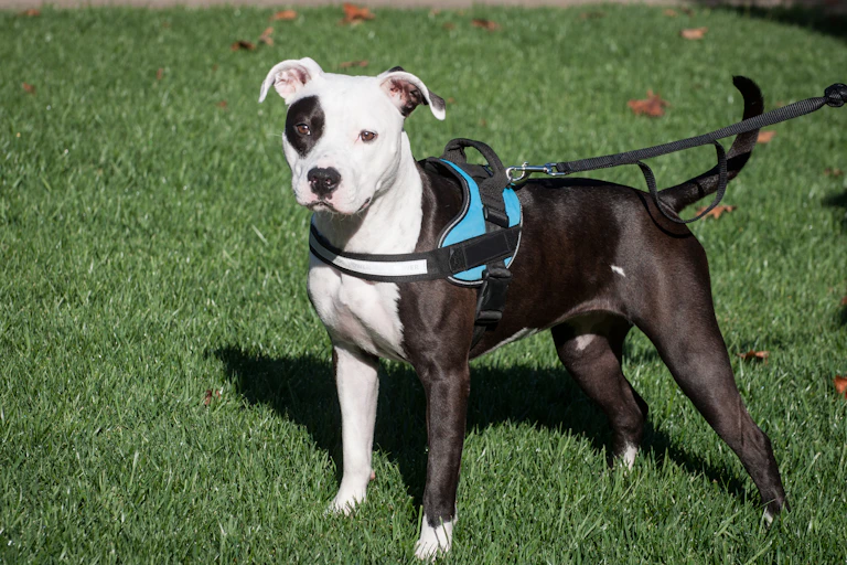 A black and white pit bull on a leash and harness