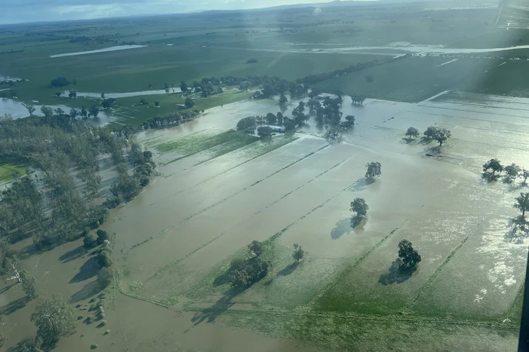Aerial view of a flooded farm