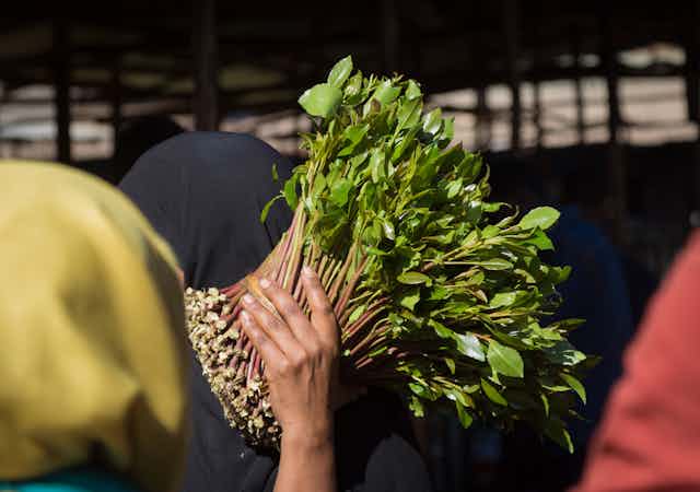 Une femme achète du khat sur un marché près de Harar, en Éthiopie.