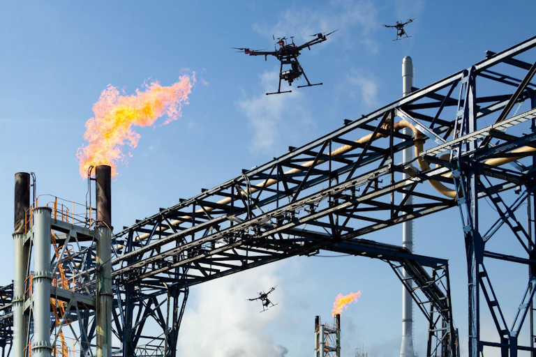 Drone attack concept. Pipeline with gas flare stacks. Concept: energy crisis, Russia Ukraine conflict, sanctions, EU, Europe, Nord Stream 2