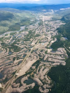 Aerial view of mining tailings outside of Dawson City, Yukon.