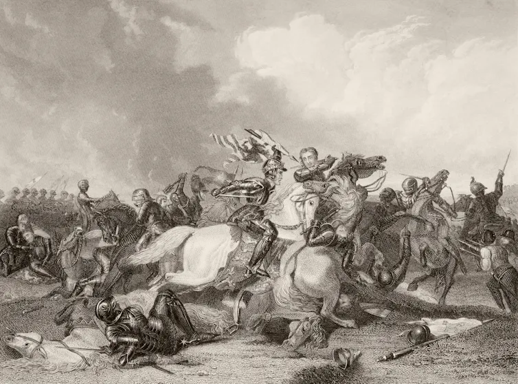 A pen and ink drawing of the Battle of Bosworth.