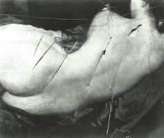 painting of woman's rear, with slash marks