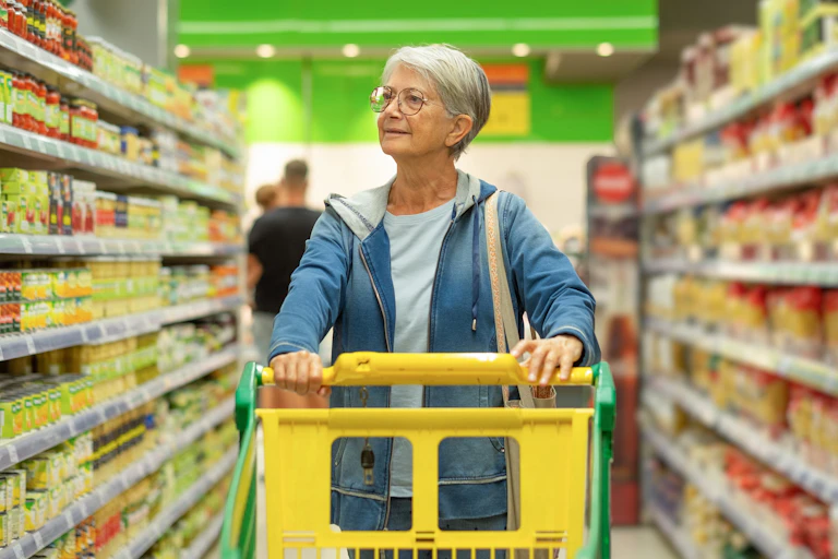 Woman with trolley, looking at supermarket shelves