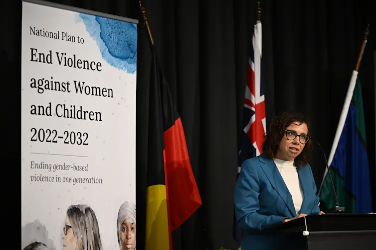 Minister for Social Services Amanda Rishworth speaks at a press event.