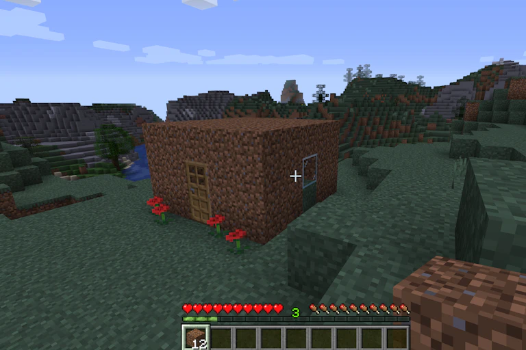 A still from the game Minecraft shows a small brick hut