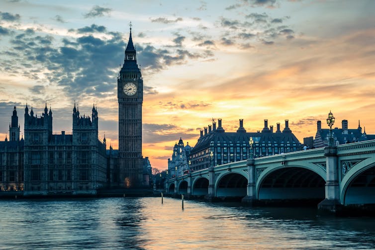 The Houses of Parliament in the evening.