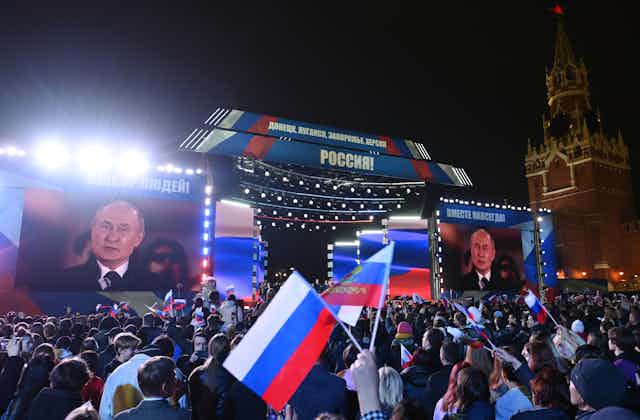 Russian President Vladimir Putin delivers a speech during a concert to celebrate after a ceremony to sign treaties on new territories' accession to Russia on the Red Square in Moscow, Russia, 30 September 2022.