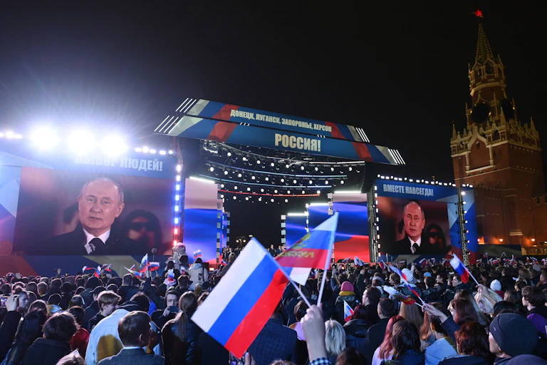 Russian President Vladimir Putin delivers a speech during a concert to celebrate after a ceremony to sign treaties on new territories' accession to Russia on the Red Square in Moscow, Russia, 30 September 2022.