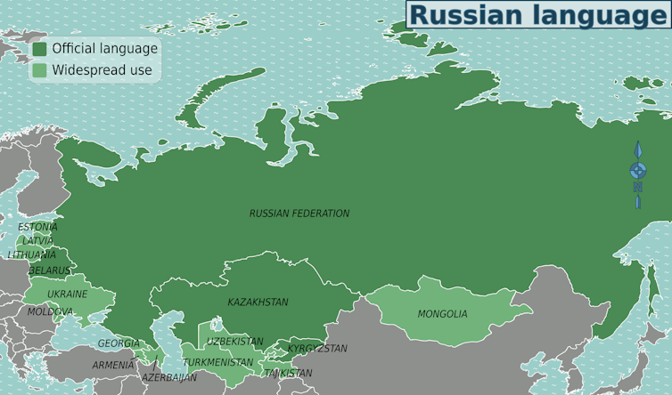 Map showing allcountries where Russianis the main language spoken.